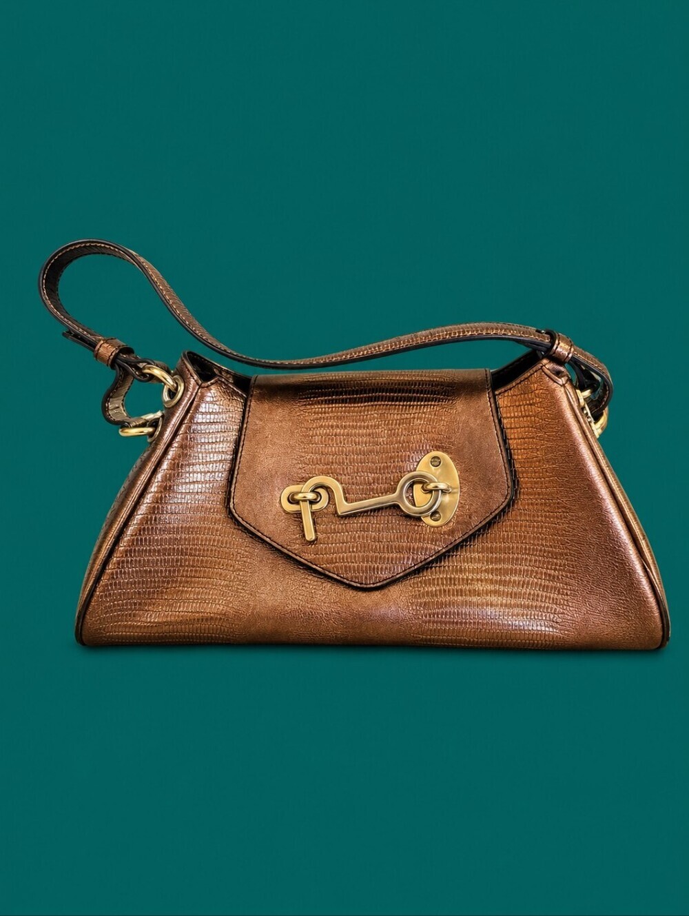 Vtg CHARLIE LAPSON Metallic Copper Brown Baguette Satchel Bag